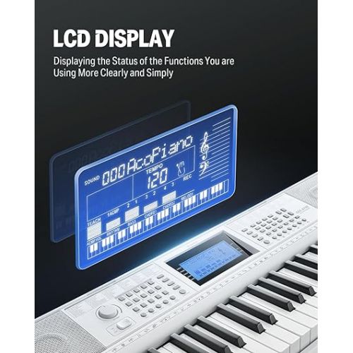  Donner Keyboard Piano 61 Key, Electric Keyboard Kit with 249 Voices, 249 Rhythms - Includes Piano Stand, Stool, Microphone, Gift for Beginners, White(DEK-610S)