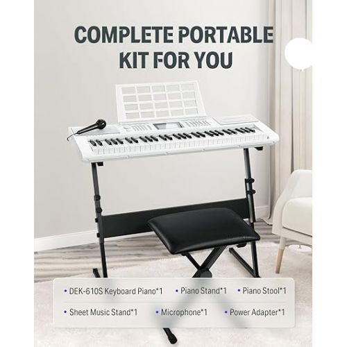  Donner Keyboard Piano 61 Key, Electric Keyboard Kit with 249 Voices, 249 Rhythms - Includes Piano Stand, Stool, Microphone, Gift for Beginners, White(DEK-610S)