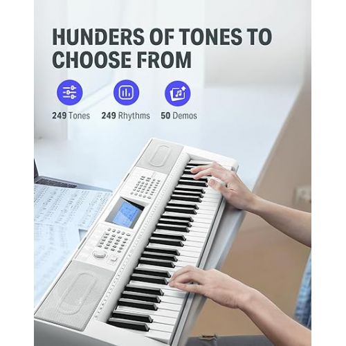  Donner Keyboard Piano 61 Key, Electric Keyboard Kit with 249 Voices, 249 Rhythms - Includes Piano Stand, Stool, Microphone, Gift for Beginners, White(DEK-610S)