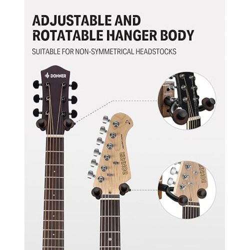  Donner Guitar Wall Mount, 3 Pack Guitar Wall Hanger, Black Walnut Guitar Hanger Wall Hook Holder Stand for Acoustic Electric Bass Guitar Ukulele Folk Banjo Mandolin