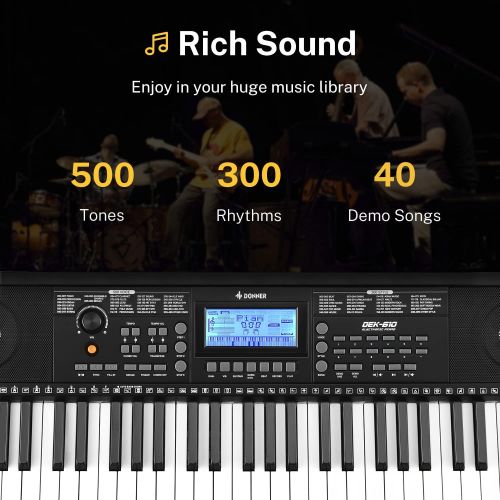  Donner Keyboard Piano, 61 Key Piano Keyboard for Beginner/Professional, Electric Piano with Music Stand, Microphone and Piano App, Supports MP3/USB MIDI/Audio/Microphone/Headphones