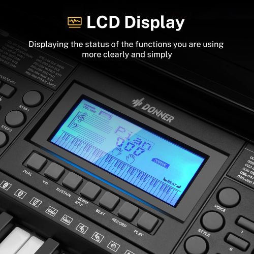  Donner Keyboard Piano, 61 Key Piano Keyboard for Beginner/Professional, Electric Piano with Music Stand, Microphone and Piano App, Supports MP3/USB MIDI/Audio/Microphone/Headphones