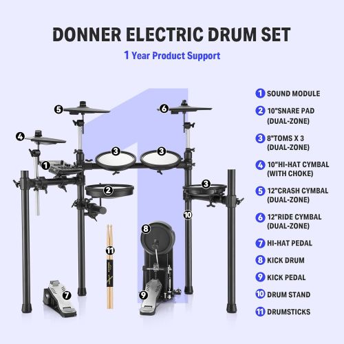  Donner DED-200 Electric Drum Set Electronic Kit with 5 Drums 3 Cymbals, Electric Drum, Audio Line, Drum Stick