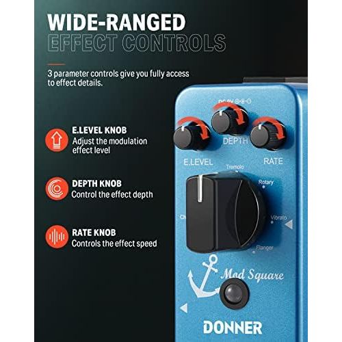  Donner Mod Square Guitar Effect Pedal, 7 Modulation Modes Chorus Phaser Tremolo Flanger Rotary Vibrato True Bypass