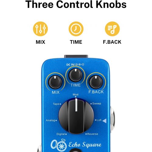  Donner Delay Pedal, Echo Square Digital Multi Delay Guitar Pedal, 7 Effects Digital Analog Tape Mod Sweep Lofi Reverse for Electric Guitar Bass True Bypass