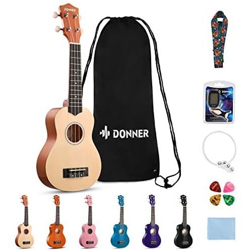  Donner DUS-10N Soprano Ukulele Ukelele Beginner Kit for Kids Students 21 Inch Rainbow with Bag, Strap,Strings, Tuner, Picks, Polishing Cloth - Natural