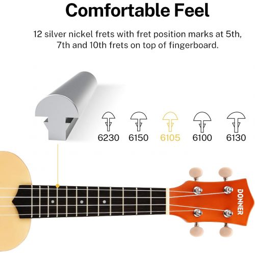  Donner DUS-10N Soprano Ukulele Ukelele Beginner Kit for Kids Students 21 Inch Rainbow with Bag, Strap,Strings, Tuner, Picks, Polishing Cloth - Natural