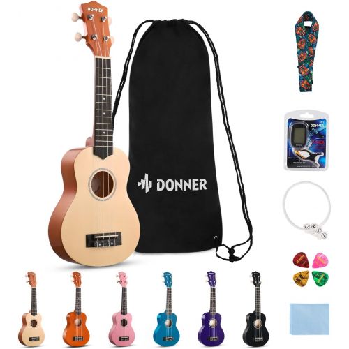  Donner DUS-10N Soprano Ukulele Ukelele Beginner Kit for Kids Students 21 Inch Rainbow with Bag, Strap,Strings, Tuner, Picks, Polishing Cloth - Natural