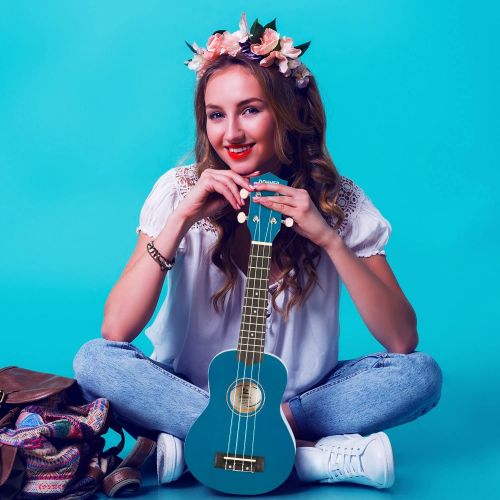  Donner DUS-10B Soprano Ukulele Ukelele Beginner Kit for Kids Students 21 Inch Rainbow with Bag, Strap,Strings, Tuner, Picks, Polishing Cloth, Blue