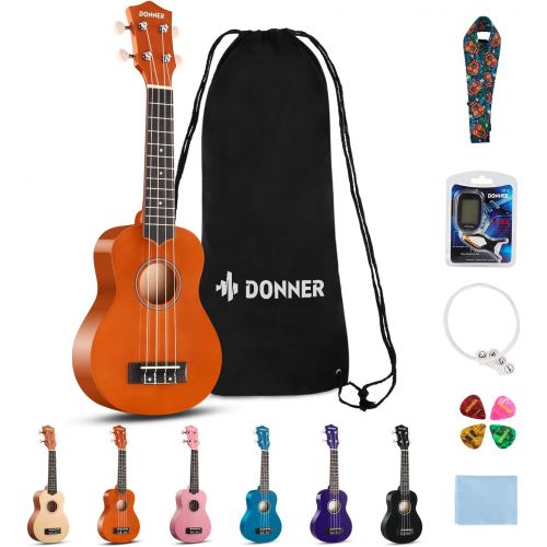  Donner DUS-10M Soprano Ukulele Ukelele Beginner Kit for Kids Students 21 Inch Rainbow with Bag, Strap,Strings, Tuner, Picks, Polishing Cloth, Mahogany Color
