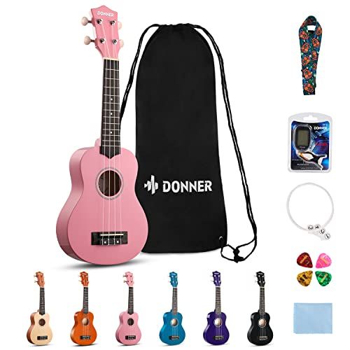  Donner, 4 Soprano Ukulele Ukelele Beginner Kit for Kids Students 21 Inch Rainbow with Bag, Strap,Strings, Tuner, Picks, Polishing Cloth - Pink (DUS-10K)