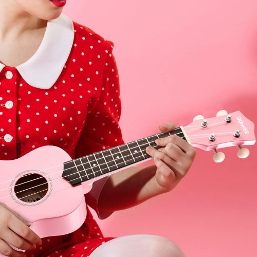  Donner, 4 Soprano Ukulele Ukelele Beginner Kit for Kids Students 21 Inch Rainbow with Bag, Strap,Strings, Tuner, Picks, Polishing Cloth - Pink (DUS-10K)