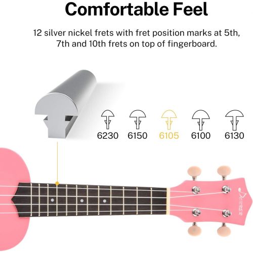  Donner, 4 Soprano Ukulele Ukelele Beginner Kit for Kids Students 21 Inch Rainbow with Bag, Strap,Strings, Tuner, Picks, Polishing Cloth - Pink (DUS-10K)