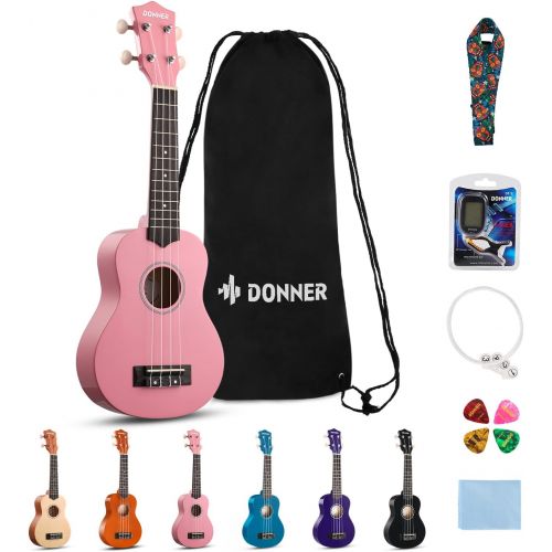  Donner, 4 Soprano Ukulele Ukelele Beginner Kit for Kids Students 21 Inch Rainbow with Bag, Strap,Strings, Tuner, Picks, Polishing Cloth - Pink (DUS-10K)