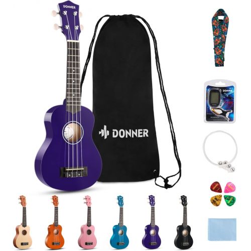  Donner DUS-10P Soprano Ukulele Ukelele Beginner Kit for Kids Students 21 Inch Rainbow with Bag, Strap,Strings, Tuner, Picks, Polishing Cloth - Purple