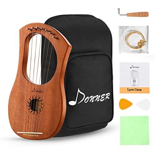  Donner DLH-001 Lyre Harp Mahogany, 7 Metal String Bone saddle Ancient Greece Style Lyre Harp with Tuning Wrench and Black Gig Bag