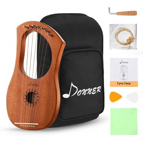  Donner DLH-001 Lyre Harp Mahogany, 7 Metal String Bone saddle Ancient Greece Style Lyre Harp with Tuning Wrench and Black Gig Bag