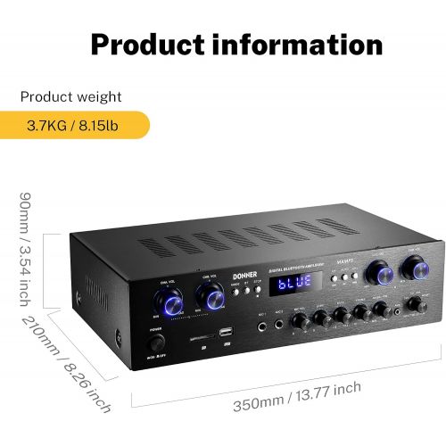  Donner Bluetooth 5.0 Stereo Audio Amplifier Receiver, 4 Channel, 440W Peak Power Home Theater Stereo Receiver USB, SD,FM, 2 Mic in Echo, RCA, LED, Speaker Selector for Studio, Home