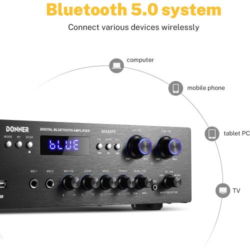  Donner Bluetooth 5.0 Stereo Audio Amplifier Receiver, 4 Channel, 440W Peak Power Home Theater Stereo Receiver USB, SD,FM, 2 Mic in Echo, RCA, LED, Speaker Selector for Studio, Home