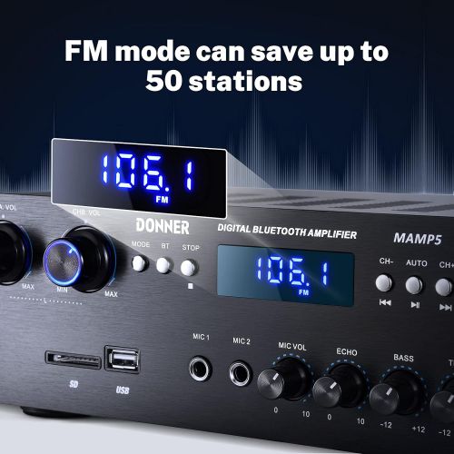  Donner Bluetooth 5.0 Stereo Audio Amplifier Receiver, 4 Channel, 440W Peak Power Home Theater Stereo Receiver USB, SD,FM, 2 Mic in Echo, RCA, LED, Speaker Selector for Studio, Home