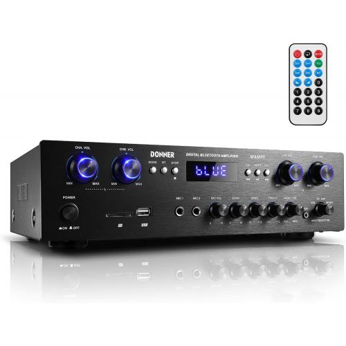  Donner Bluetooth 5.0 Stereo Audio Amplifier Receiver, 4 Channel, 440W Peak Power Home Theater Stereo Receiver USB, SD,FM, 2 Mic in Echo, RCA, LED, Speaker Selector for Studio, Home