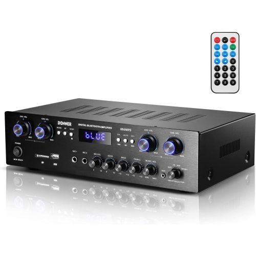  Donner Bluetooth 5.0 Stereo Audio Amplifier Receiver, 4 Channel, 440W Peak Power Home Theater Stereo Receiver USB, SD,FM, 2 Mic in Echo, RCA, LED, Speaker Selector for Studio, Home