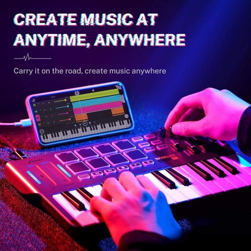  [아마존베스트]Donner Professional Mini DMK25 | 25 Key USB MIDI Keyboard Controller With 8 Backlit Drum Pads, 4 Knobs 4 control faders MIDI Controller BLACK