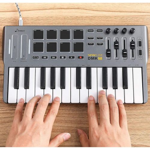  [아마존베스트]Donner Professional Mini DMK25 | 25 Key USB MIDI Keyboard Controller With 8 Backlit Drum Pads, 4 Knobs 4 control faders MIDI Controller BLACK