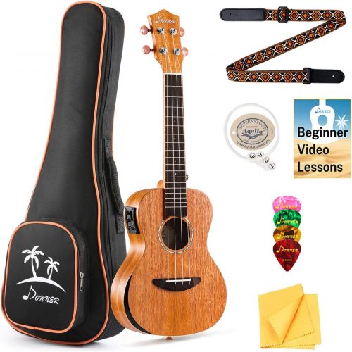  [아마존베스트]Donner Acoustic Electric Ukulele Concert Size Built-in Tuner Solid Top Mahogany 23 inch ElectroUkelele Beginner Kit With Online Lesson EQ Gig Bag Strap String Picks DUC-4E Profess