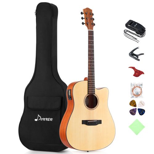  Donner DAG-1E Electric Acoustic Guitar Package Full-size 41’’ Dreadnought Guitar Built-in Preamp with Bag Strap Tuner String