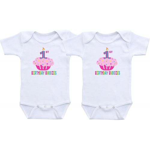  DoozyDesigns First Birthday Buddies - Twin Girls First Birthday Outfit Twin Girl Bodysuit Sets