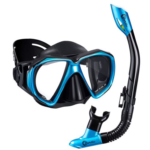  Dorlle Schnorchel Dry Schnorchelset Schnorchelmaske, Premium Erwachsene Schnorchel Tauchset mit Taucherbrille und Anti-Leck Anti-Fog Tauchmaske, Blau, Schwarz