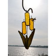 Dortdesigns Cattails and Dragonfly Stained Glass Suncatcher