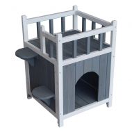 DotePet Wooden Cat Pet Home with Balcony Pet House Small Dog Indoor Outdoor Shelter Gray & White