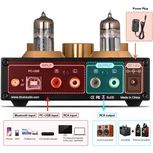  Douk Audio P1 Bluetooth 5.0 Vacuum Tube Preamplifier Hi-Fi Valve Headphone Amplifier Wireless Receiver Audio Decoder Preamp USB DAC APTX