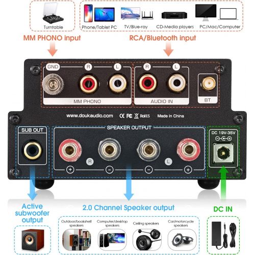  Douk Audio HiFi Stereo Bluetooth 5.0 Vacuum Tube Amplifier MM Phono Amp for Turntables 320W