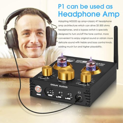  [아마존베스트]Douk Audio P1 Bluetooth 5.0 Vacuum Tube Preamplifier Hi-Fi Valve Headphone Amplifier Wireless Receiver Audio Decoder Preamp USB DAC APTX