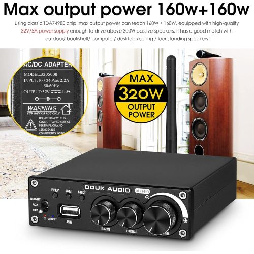  Hi-Fi 320W Bluetooth 5.0 Power Amplifier Stereo Active Subwoofer Amp 2 Channel U-Disk Music Player [Douk Audio M1 PRO Upgrade]