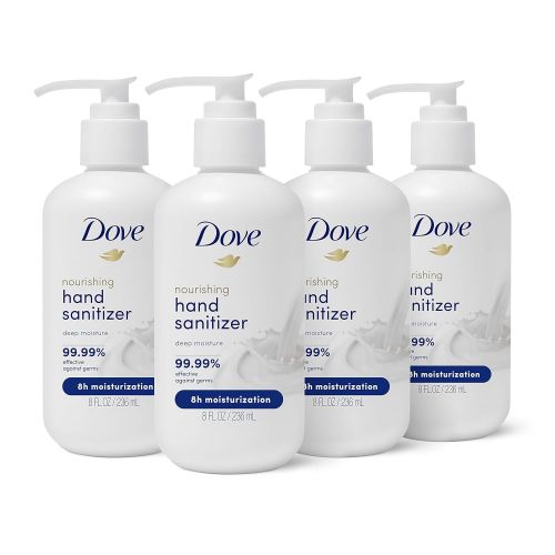  Dove Nourishing-Hand-Sanitizer 99.99% Effective Against Germs Deep Moisture Antibacterial Gel with 61% Alcohol and Lasting Moisturization For Up to 8 Hours 8 oz 4 Count