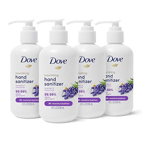  Dove Nourishing Hand Sanitizer 99.99% Effective Against Germs Lavender and Chamomile Antibacterial Gel with 61% Alcohol and Lasting Moisturization For Up to 8 Hours 8 oz, 4 count