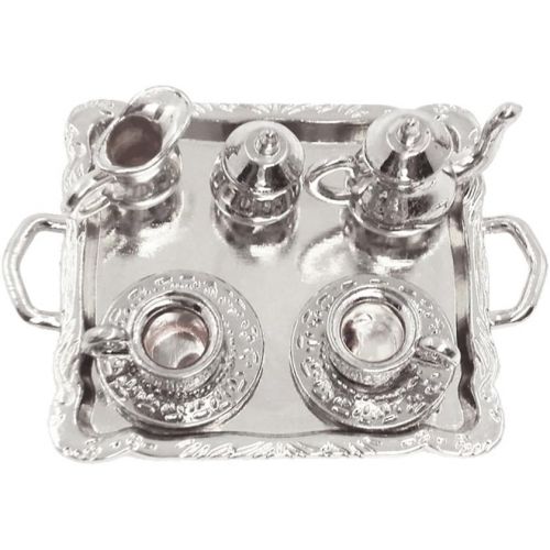  Dovewill 10 Pieces 1:12 Dollhouse Miniatures Silver Metal Tea Coffee Set with Tray Vintage Style Tableware Accessories