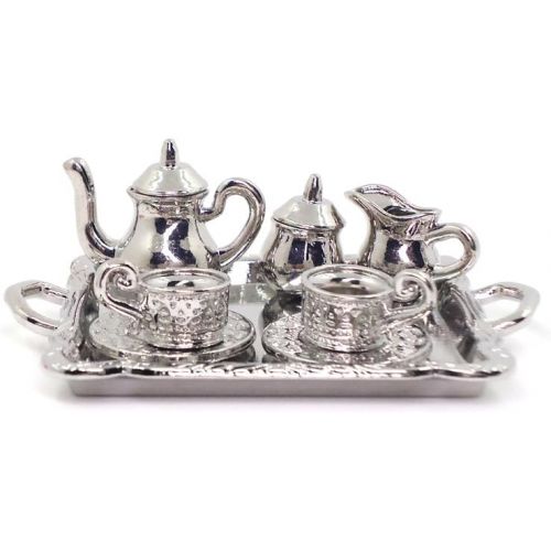  Dovewill 10 Pieces 1:12 Dollhouse Miniatures Silver Metal Tea Coffee Set with Tray Vintage Style Tableware Accessories