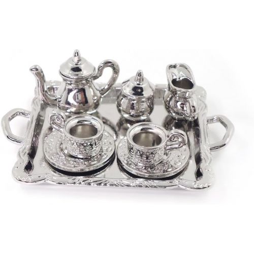  Dovewill 10 Pieces 1:12 Dollhouse Miniatures Silver Metal Tea Coffee Set with Tray Vintage Style Tableware Accessories