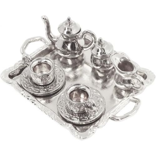  Dovewill 10 Pieces 1:12 Dollhouse Miniatures Silver Metal Tea Coffee Set with Tray Vintage Style Tableware Accessories