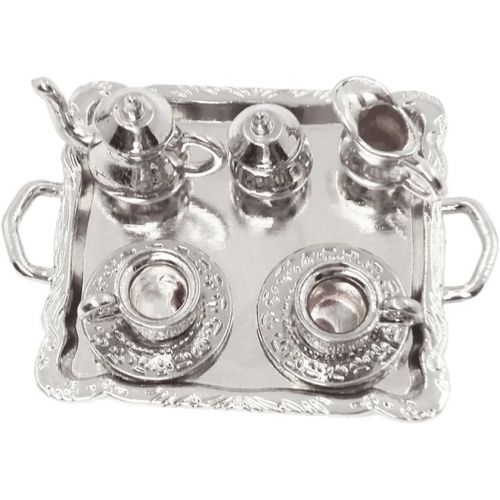  Dovewill 10 Pieces 1:12 Dollhouse Miniatures Silver Metal Tea Coffee Set with Tray Vintage Style Tableware Accessories