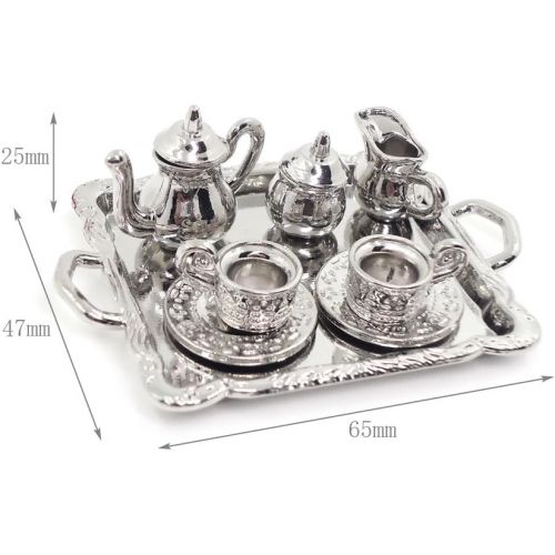  Dovewill 10 Pieces 1:12 Dollhouse Miniatures Silver Metal Tea Coffee Set with Tray Vintage Style Tableware Accessories