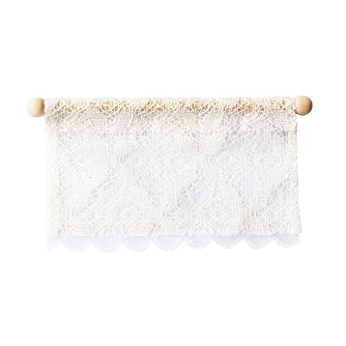  Dovewill 1/12 Dollhouse Miniature Short Rectangular Lace Curtain/Drape with Wooden Rod Rail for Dolls Windows Accessory Decoration White