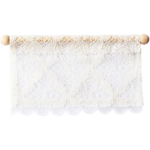  Dovewill 1/12 Dollhouse Miniature Short Rectangular Lace Curtain/Drape with Wooden Rod Rail for Dolls Windows Accessory Decoration White