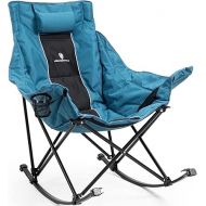 Dowinx Oversized Rocking Camping Chair, Fully Padded Patio Chair with Side Pocket and Carry bag, High Back Portable Lawn Recliner with Headrest, Support 300 lbs, Blue