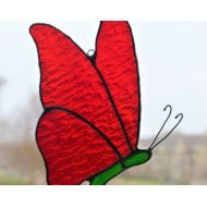 DownriverGlass Stained glass butterfly suncatcher, red textured wings and green body 5 x 7